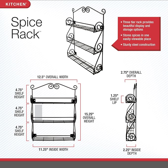 Spectrum Diversified Scroll Wall-Mounted Traditional Spice Rack Organizer for Cabinet & Kitchen, 3-Tier, Beauty & Nail Polish, 43710 - Image 7
