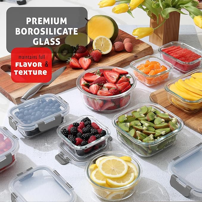 Nestl 24pc Glass Storage Containers with Lids, 12 Glass Food Storage Containers with 12 Airtight Lids for Pantry & Kitchen, Meal Prep Containers for Lunch, Oven Microwave & Dishwasher Safe, Gray - Image 2