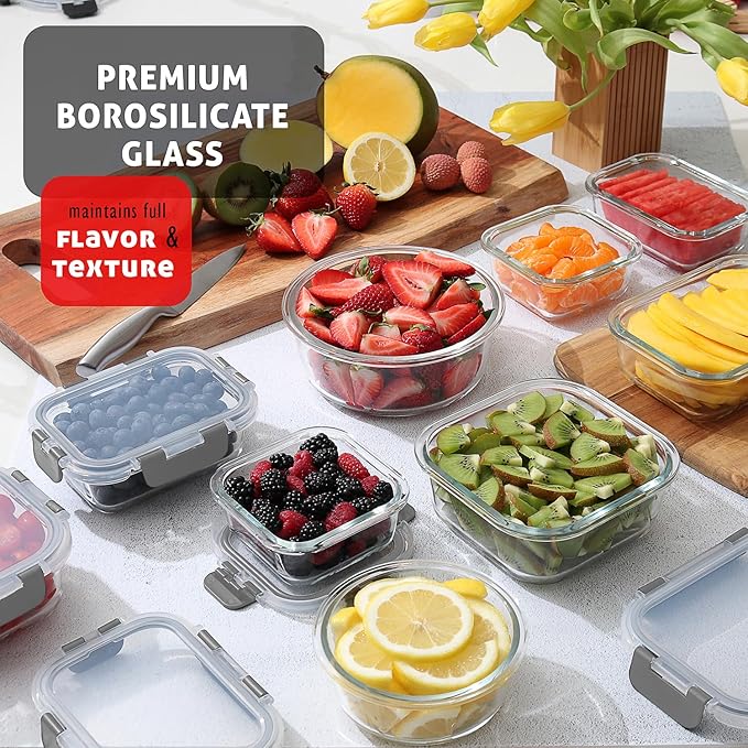 Nestl 24pc Glass Storage Containers with Lids, 12 Glass Food Storage Containers with 12 Airtight Lids for Pantry & Kitchen, Meal Prep Containers for Lunch, Oven Microwave & Dishwasher Safe, Cream - Image 2