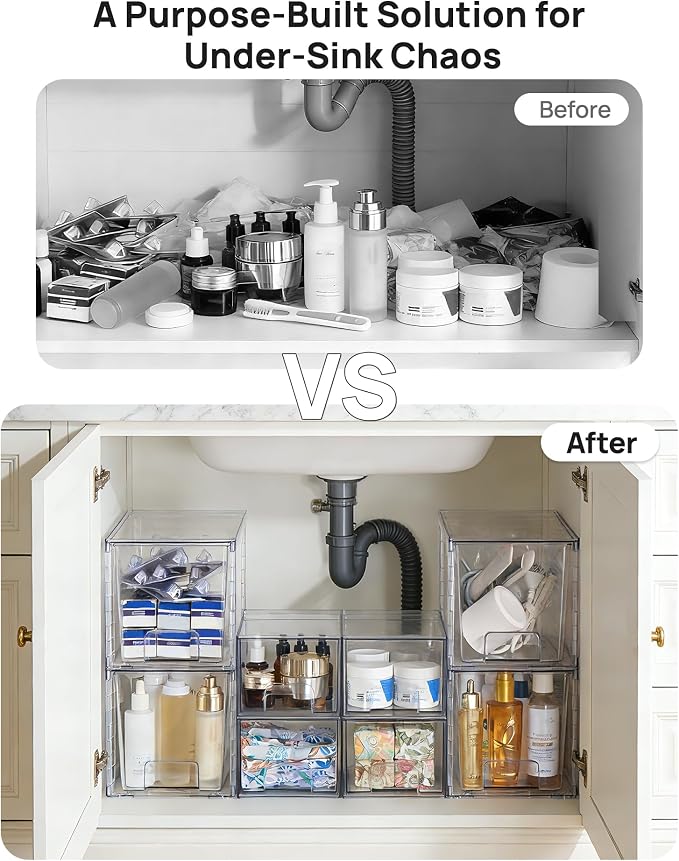 Vtopmart 8 Pack Clear Pull-Out Under Sink Organizer Set (4 Large & 4 Small) | Stackable Storage Drawers, Designed to Fit Bathroom & Kitchen, Under-Sink Organization - Image 3