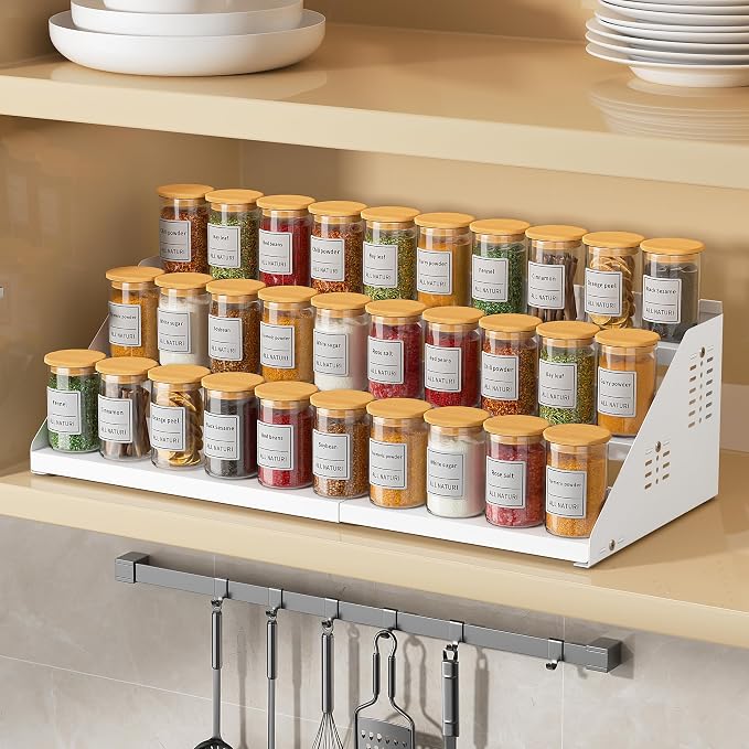 BOIVSHI Seasoning Organizer, 3 Tiered Spice Rack for Cabinet, White | Spice Organization for Cabinet - Expandable Width & Adjustable Height, Metal Spice Organizer for Cabinet, Countertop, Pantry - Image 2