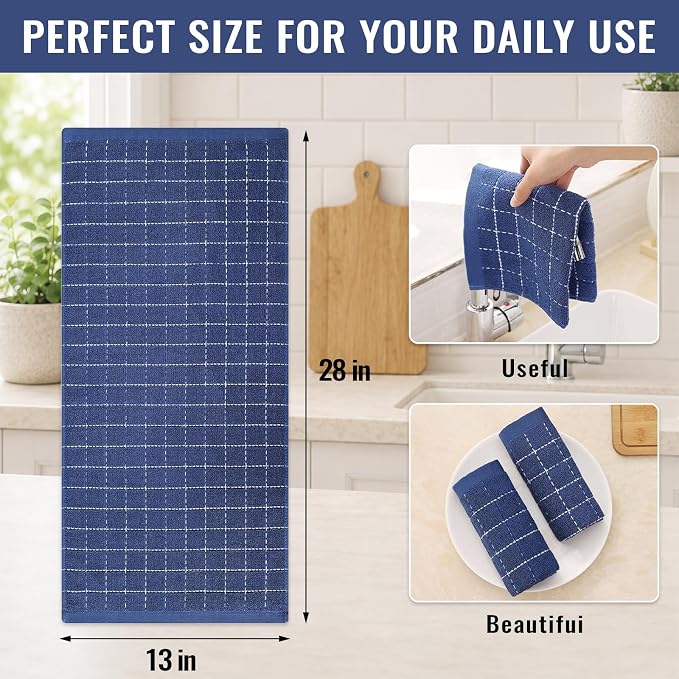 Kitinjoy 100% Cotton Terry Kitchen Towels, 13”x 28”, 6-Pack, Navy Blue | Checkered Designed, Ultra Soft Absorbent Quick Drying Dish Towels - Image 4