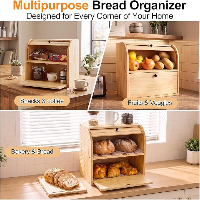 Alpeir Roll Top Bread Box with Cutting Board for Kitchen Countertop | Large Breadbox with Ventilation Holes, Double Layer Pantry Shelf, Wooden Homemade Bread Storage Container, Vintage Farmhouse - Image 8