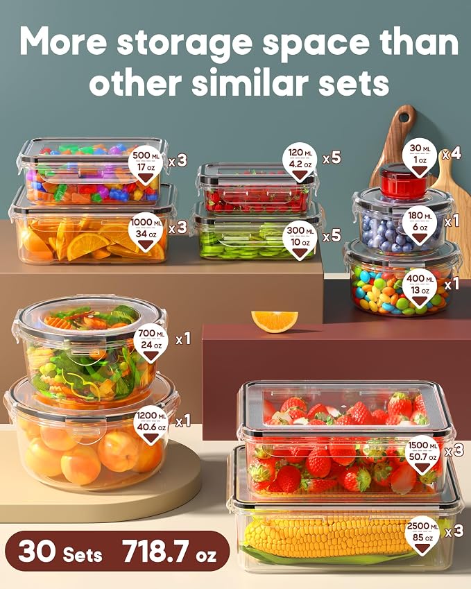 60 PCS Food Storage Containers with Lids Airtight, (30 Lids & 30 Containers) Leak proof Containers Set for Kitchen, Meal Prep, BPA-Free, PVC-Free Plastic, Microwave/Dishwasher Safe, Extra Labels & Pen - Image 2