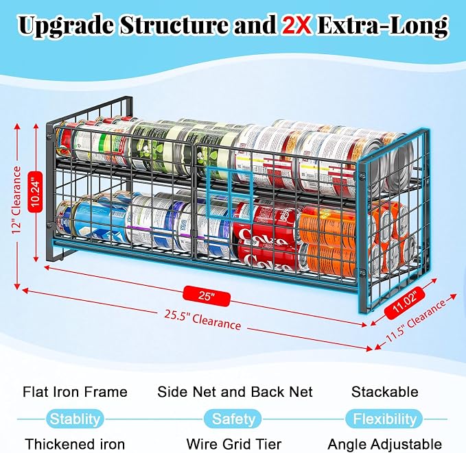 2-Tier Stackable Can Rack Organizer for Pantry Shelf, Long-Size Adjustable Can Holder for Kitchen Organization,Heavy Duty Can Dispenser for Canned Food Soup Goods up to 50 in Cabinet storage, Black - Image 3