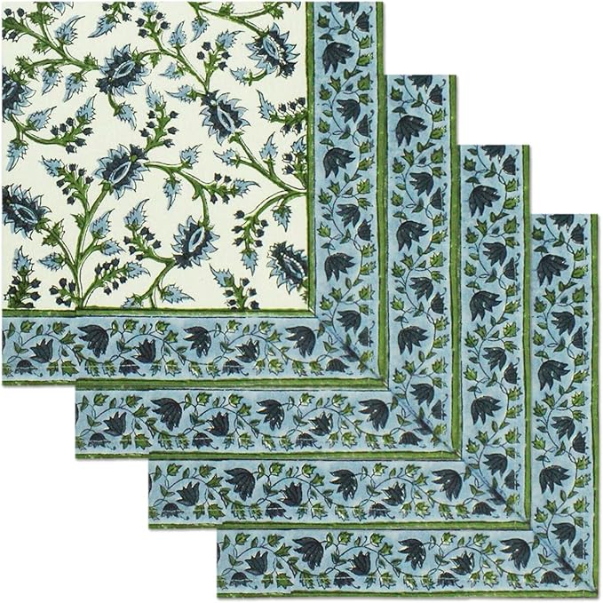 14x14 Inches Cotton Napkins Set of 4, Blue Green, Washable Hand Block Printed Reusable Cloth Napkins for Dinning, Party, Wedding, Home Decor Fall - Image 2