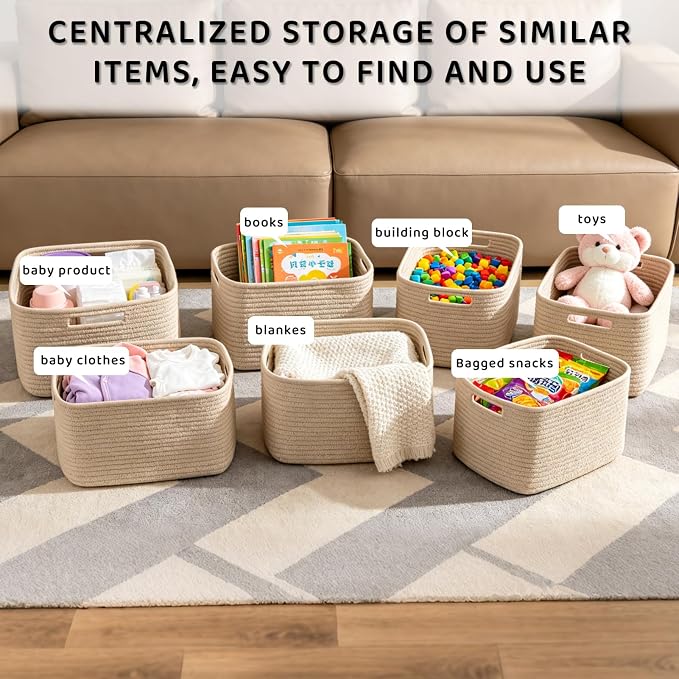 4 Pack Storage Baskets for Organizing, 11''Lx9''Wx8''H Woven Baskets for Storage Toys, Towels, Books, and Clothes, Cotton Rope Basket for Shelves with Handle - Image 6