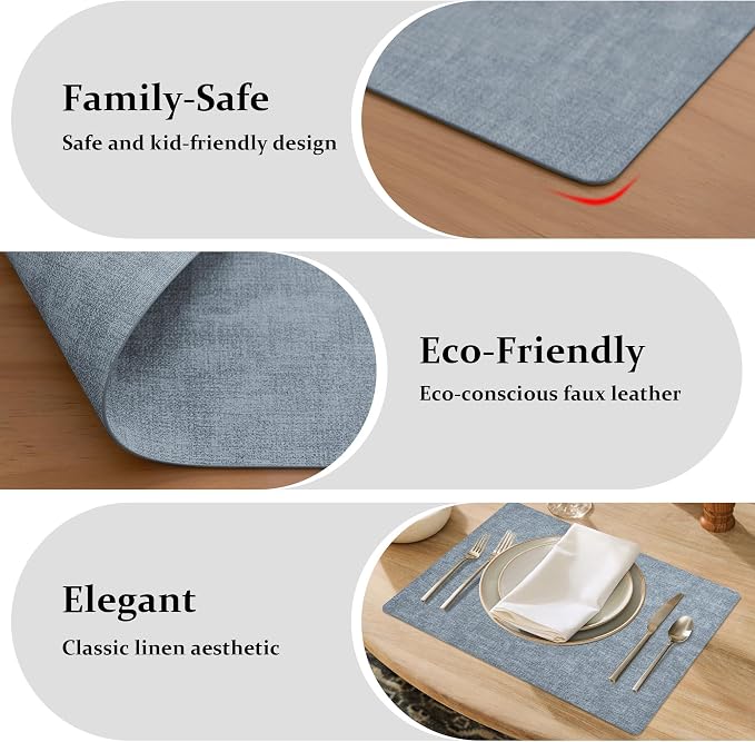 FROMHEART Faux Leather PU Placemats Set of 4 (Light Blue,11.8" x 17") | Waterproof,Heat/Oil Stain-Resistant Table Mat–Reversible,Non-Slip,Easy to Clean Place Mats for Kitchen,Dining,Indoor/Outdoor - Image 7
