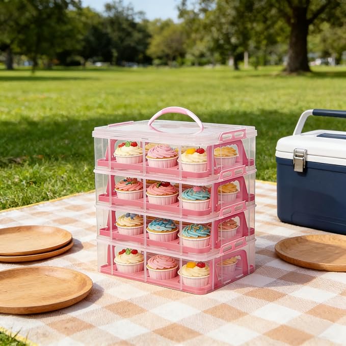 Cupcake Carrier Stackable Storage Container Collapsible Cake Carrier with Lid and Handle, with 50 PCS Cupcake liners,Reusable Plastic Dessert Travel Container,Transport Box (48 Cupcakes Pink) - Image 4