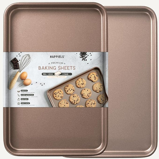 Nonstick Baking Sheet Set of 2 | PFOA & BPA Free Non Toxic Carbon Steel Cookie Sheets | Best Non Stick Oven Cooking Pans & Half Sheet Pan | Best Nontoxic Baking Trays 18 Inch | | Non-Toxic - High Carbon Steel - Gold - Cookie Baking Sheets for Oven by HAPPIELS