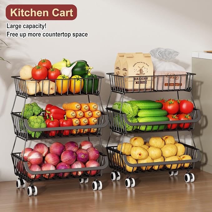 3-Tier Rolling Pantry Cart with Wheels, Stackable Wire Storage Floor Organizer for Kitchen Pantry Snack Shelves, Fruit Basket Stand, Vegetable Storage Rack for Food Snacks Onion Potato, Black, 2 Pack - Image 7