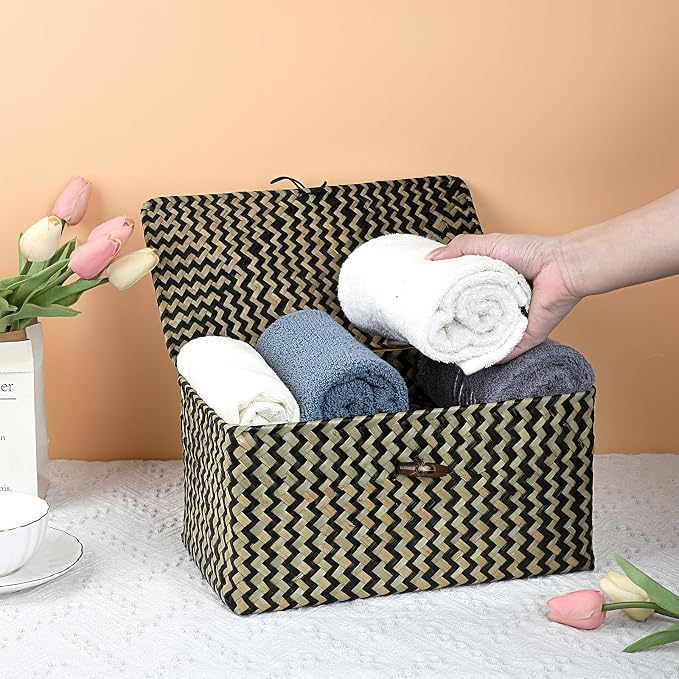 Hipiwe Wicker Shelf Baskets with Lid Seagrass Storage Baskets Handwoven Household Organizer Rectangular Woven Organizer Box for Storage Shelf Wardrobe,Medium - Image 5