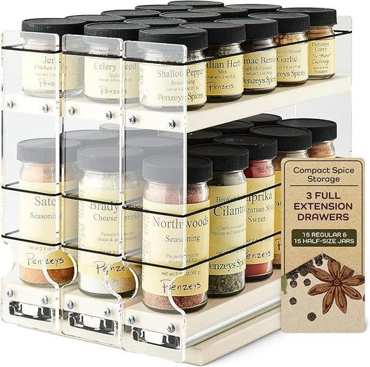 Cabinet Mounted Spice Rack Drawer - Pull Out Cabinet Organizer - Cupboard Organizers & Storage - Pantry Shelf -45 Half Sized Jars, 3 Drawers, 2 Tiers (6.9" W x 9.25" H x 10.6" D, Cream) by VerticalSpice