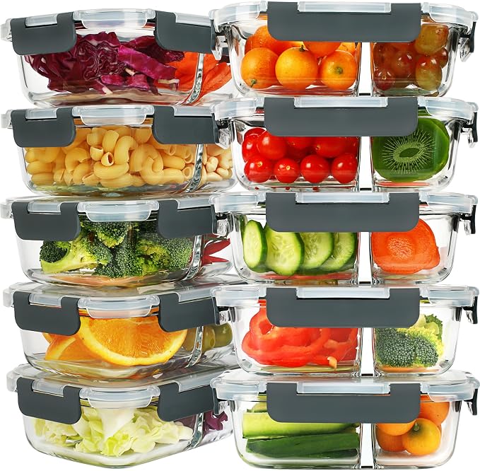 Meal Prep Containers - 2 Compartments with Glass Bowls with Lids, Food Storage Containers Dividers Airtight Lunch Containers, Bento Box for Oven Freezer, 10 Pack by DTHome