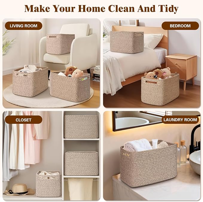 Storage Baskets for Organizing, 4 Pack Baskets for Shelves, Decorative Storage Bins for Shelves, Cotton Rope Storage Basket with Handles, Woven Basket for Storage, 13''Lx8.7''Wx7.9''H, Brown - Image 6