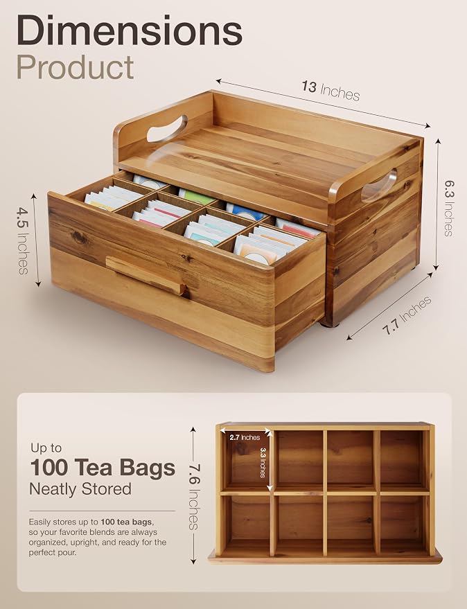 Tinamo Acacia Wooden Tea Box Organizer with Drawer – Tea Chest for Tea Bags Storage – Tea and Coffee Organizer - Wooden Tea Tray and Containers for Countertop Display (Acacia) | Solid Acacia Wood, No assembly, Holds up to 100 tea bags, Non-slip, Smooth... - Image 2