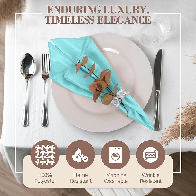 17 x 17-Inch Shantung Satin Cloth Napkins, Aqua, Set of 24 | Bulk Case of 2 Dozen, Square, 100% Polyester Fabric, Reversible, Faux Dupioni Silk Reverse Side, Machine Washable, Blue - Image 2