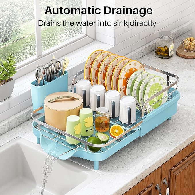 SAYZH Expandable Dish Drying Rack for Small Kitchen Counter, Blue | Stainless Steel, Protective Guardrail, Angled Drainboard, Fits High-Rim Sinks, Removable Utensil Holder - Image 5