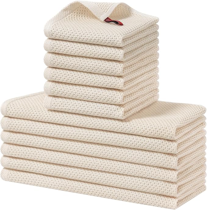 Homaxy 12 Pack 100% Cotton Kitchen Towels and Dishcloths Set, Beige | 12 x 12 Inches and 13 x 28 Inches Kitchen Towels Set, Ultra Soft Absorbent Dish Cloths for Washing Dishes by Homaxy