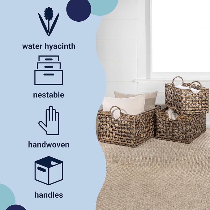 happimess Quinn Storage Baskets 3-Piece Hyacinth Rectangular 18", Brown | Hand-Woven Wicker Organizers, Durable Iron Metal Frame, Integrated Handles, Bohemian Cottage Decor For Nursery - Image 3