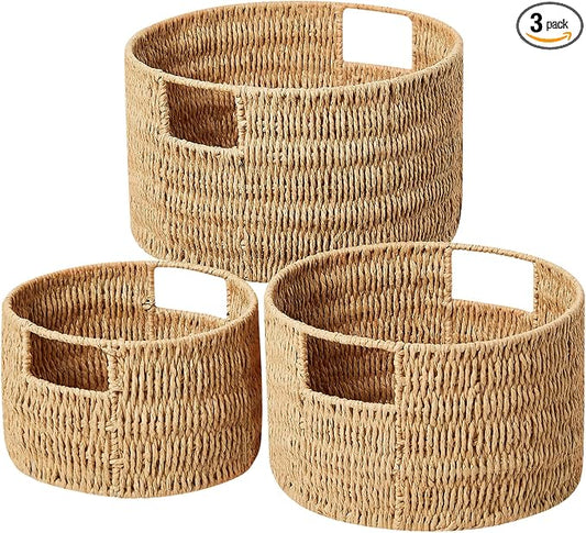 Wicker Storage Basket, Hand-Woven Paper Rope Large Round Woven Basket With Handles, Wicker Baskets for Organizing/Storage, Natural, 3-Pack by Vagusicc