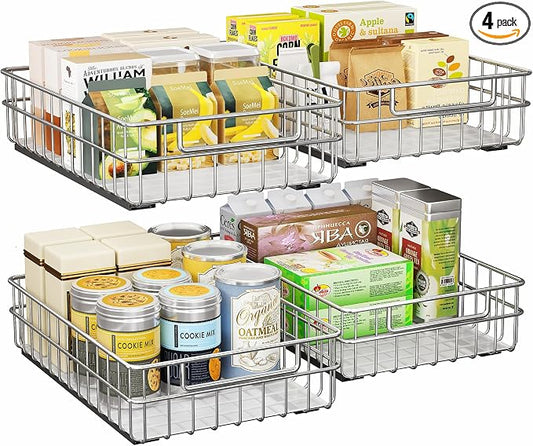 Pull out Cabinet Organizer, Stainless Steel 4-Pack (9.8"W x 16.5"D) Full-Extension Slide out Drawer, Adhesive Roll out Can Spice Storage Basket Shelf Rack for Pantry, Kitchen, Bathroom, Home Closet by Kitstorack