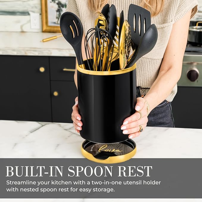 Styled Settings Black and Gold Cooking Utensils Set, 13-Piece | Kitchen Set with Black Ceramic Utensil Holder and Stackable Gold Spoon Rest - Luxury Kitchen Accessories for Stylish Cooking - Image 6