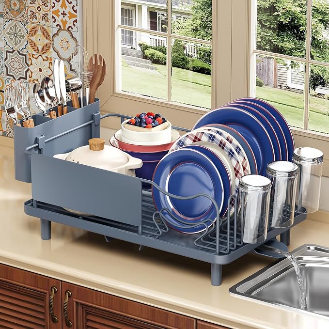 KINGRACK Dish Drying Rack for Kitchen Counter, Dish Drainer with Cup Holder | 16.9"L x 12.4" W Dish Rack with Spacious Drying Capacity, Quick Auto Dish Drainer for Plate Dish Dinnerware, Blue by KINGRACK