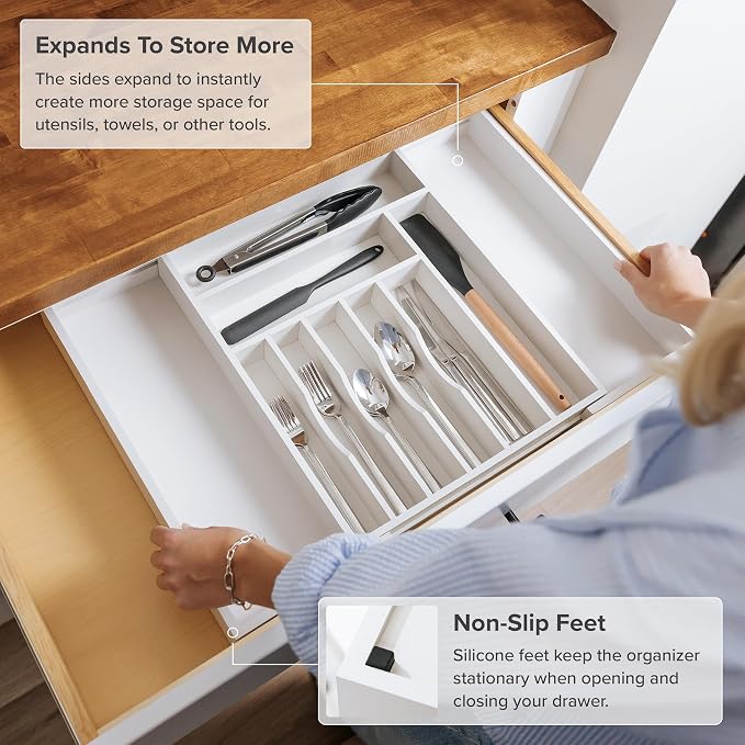Silverware & Utensil Drawer Organizer, 14.5-25 in, White Bamboo | Cutlery, flatware, food-safe contract grade, kitchen drawer fit - Image 5