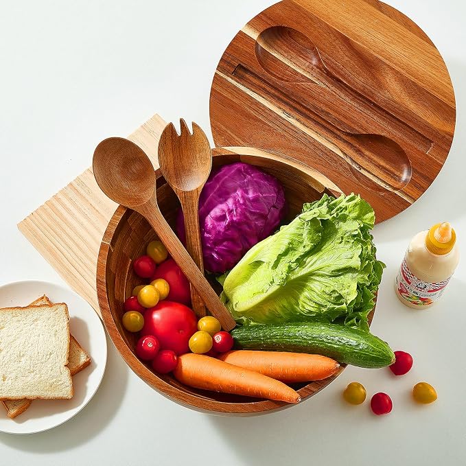 JOYMAY Salad Bowls Wood Salad Bowl Set with Lid 11.8 Inch Large Wooden Bowls Set Acacia Wood Serving-Bowl with Serving Utensils Bowl for Kitchen, Dining, Party - Image 4