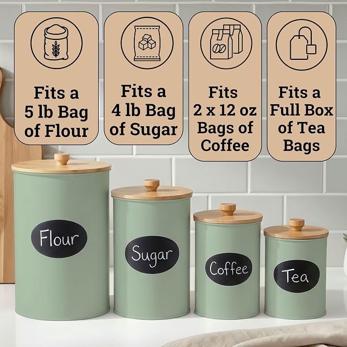 Kitchen Canisters for Countertop Set of 4 w/ Chalkboard Labels & Marker Pen | Airtight Easy Open Bamboo Lids, Dent-Resistant Thick Metal, Customizable Chalkboard Labels, Marker Pen Included, Set of 4 - Image 3