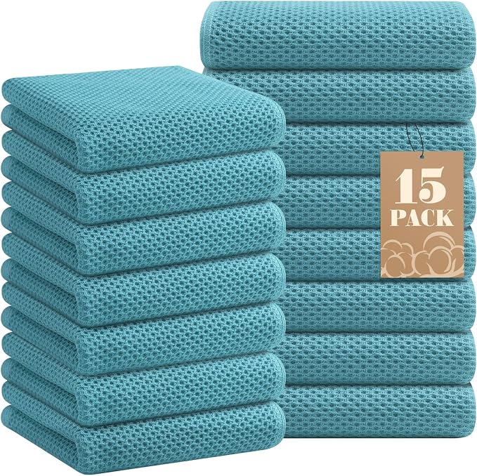 Homaxy 100% Cotton Waffle Weave Kitchen Towels, 15-Pack, Lake Blue | Ultra Soft Absorbent Dish Towels, Quick Drying Cleaning Towels, 13 x 28 Inches by Homaxy