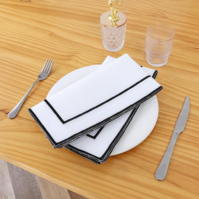 Majestic Giftware Set of 12 Polyester Napkins (NPK-BK) | White Black Trim Design Dinner Napkins Cloth | Linen Look Washable Cloth Napkins Set for Weddings, Banquets, or Restaurants (20" x 20") - Image 2
