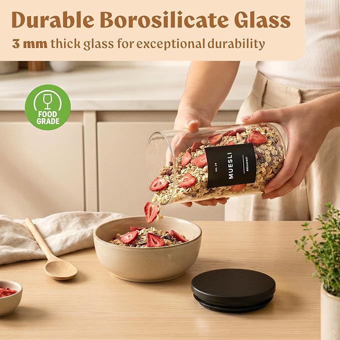 Glass Storage Containers with Black Lids [Extra Thick Glas] with 54 Labels - Canister For Pantry Noodles Flour Cereal Rice Sugar Tea Coffee Beans - Round Set of 5x - Image 4