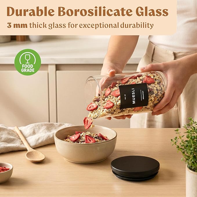 Glass Storage Containers with Black Lids [Extra Thick Glas] with 54 Labels - Canister For Pantry Noodles Flour Cereal Rice Sugar Tea Coffee Beans - Round Set of 5x - Image 4