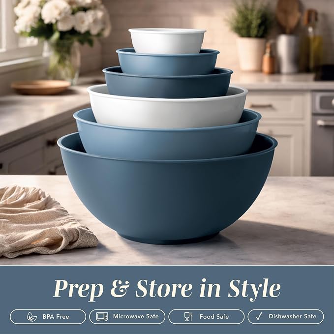 COOK WITH COLOR Mixing Bowls with Lids - 12 Piece Plastic Nesting Bowls Set includes 6 Prep Bowls, Microwave Safe Mixing Bowl Set, Blue and White TPR Lids - Image 3