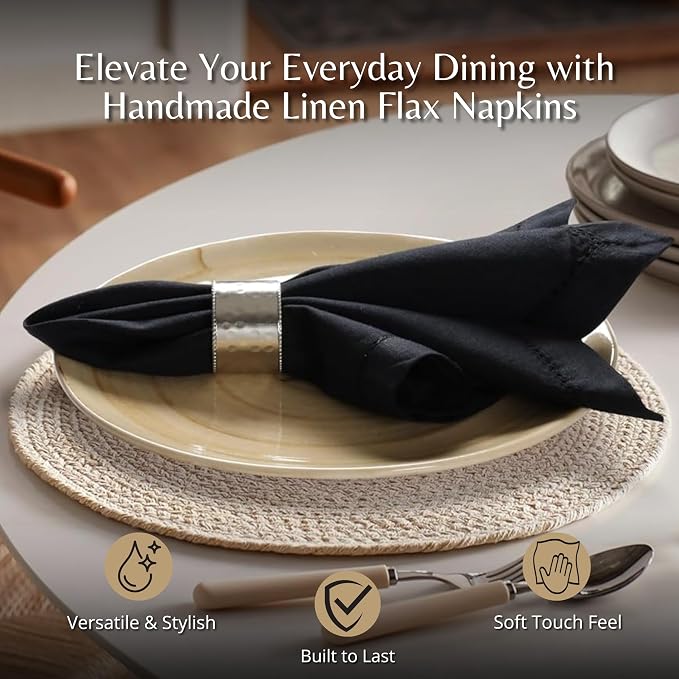 Ramanta Home Black Cloth Dinner Napkin Set of 12-18x18 Inch | Cotton Linen Flax Hemstitched Napkins Washable for Everyday Use - Image 2