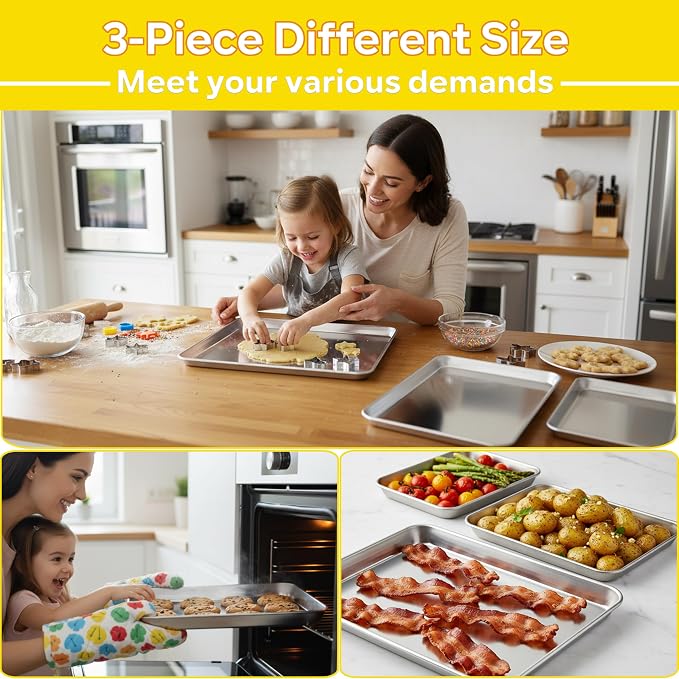 E-far Baking Cookie Sheet Pan Set of 3, 16/12.4/10.4 Inch, Stainless Steel Baking Pans Set for Oven, Rectangle Baking Tray for Cooking Roasting, Non Toxic & Easy Clean, Dishwasher Safe - Image 3