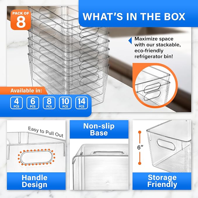 Lifemaster Multi-purpose Refrigerator Bins - 8 pieces Large Capacity Stackable Fridge Bin Organizer with Easy Grip Handles - Clear - Image 3