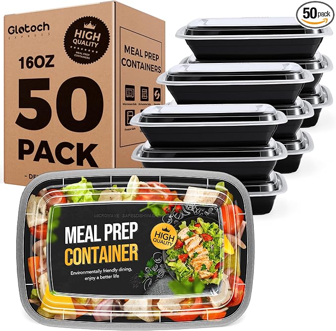 Glotoch Express Meal Prep Containers with Lids 16oz 50 Pack Leakproof | Reusable Food Storage Containers Airtight Microwave Freezer Safe Stackable Bento Lunch Boxes Ideal for Meal Prep Takeout by GlotochExpress