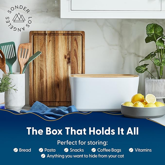 Sonder LA Union Bread Box with Wood Lid (White) Large 14.25x9.25x7 in | Bamboo Fiber & Recycled Plastic Body with Reversible Bread Board Lid, Kitchen Countertop Use, Larger Than It Appears, 4 lbs - Image 6