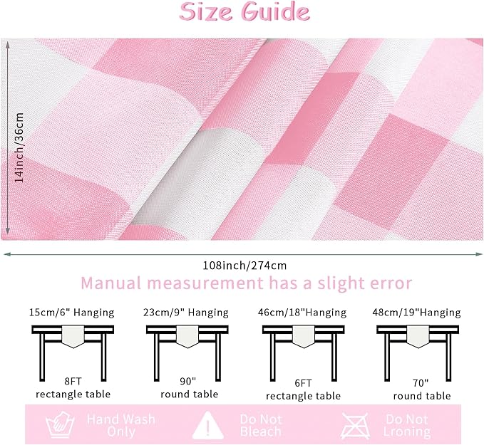 Cupuamon Fabric Checkered Table Runner 1 Pack Waterproof Gingham Table Runner 14W x 108L Buffalo Check Table Runners for Parties Kitchen Dining Wedding Banquet (Pink and White) - Image 4