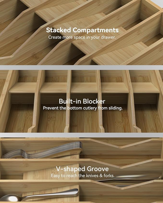 Expandable Utensil Drawer Organizer for Silverware,Bamboo 12 Slot | V-Groove & Anti-Slip Blocks, Vertical Storage,16.7" D x 13”-20" Wx 2.56" H, Cutlery Holder Dividers for Spoons Forks Knives - Image 4