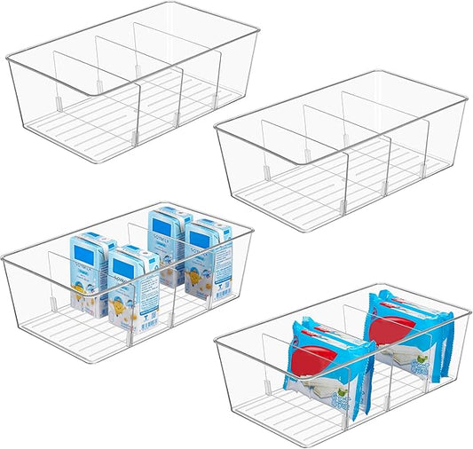 Vtopmart 4 Pack Food Storage Organizer Bins, Clear Plastic, 4 Compartments | For Pantry, Kitchen, Fridge and Cabinet Organization, Organize Food Packets, Snacks, Pouches and Spice Packets by Vtopmart
