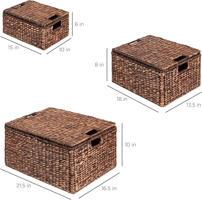 Best Choice Products Set Of 3 X-Large Multipurpose Hyacinth Storage Baskets, Handwoven Rectangular Organizer Totes for Bedroom, Living Room W/Insert Handles, Removable Lid - 21.5", 18", 15" - Brown - Image 7