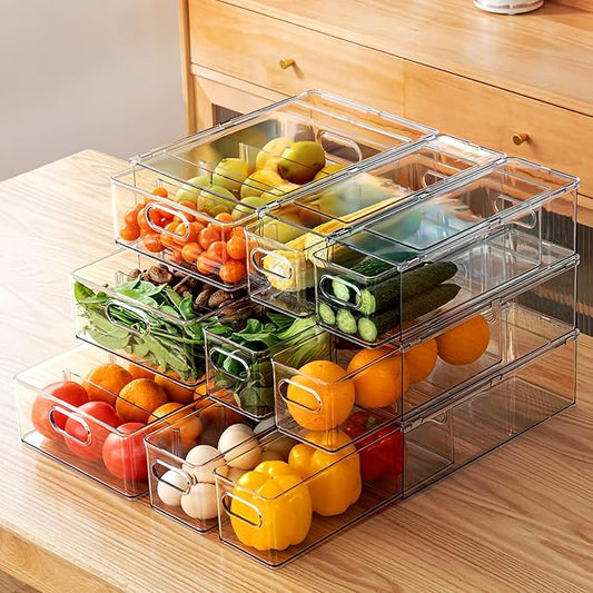 9 Pack Stackable Refrigerator Organizer Bins Pull-Out Drawers for Fruit and Veggies Storage Organizer for Fridge Clear Drawer Containers with Handle Divided Organization for Produce Saver by MineSign