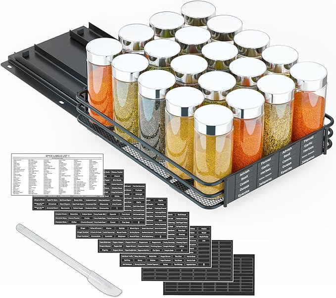 SpaceAid Pull Out Spice Rack Organizer for Cabinet, Heavy Duty Slide Out Seasoning Kitchen Organizer, Cabinet Organizer, with Labels and Chalk Marker, 8.5" W x10.75 D x2.5 H, 1 Drawer 1-Tier by SpaceAid