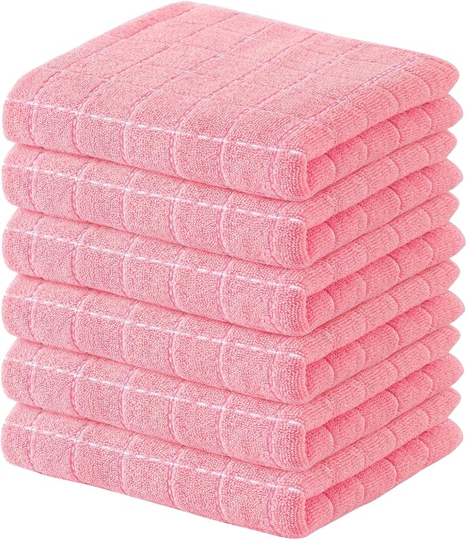 Kitinjoy 100% Cotton Terry Kitchen Towels, 13”x 28”, 6-Pack, Pink | Checkered Designed, Ultra Soft Absorbent Quick Drying Dish Towels by Kitinjoy