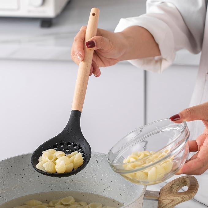 Country Kitchen Non Stick Silicone Utensil Set with Rounded Wood Handles for Cooking and Baking, 14 Piece Set, Black - Image 6