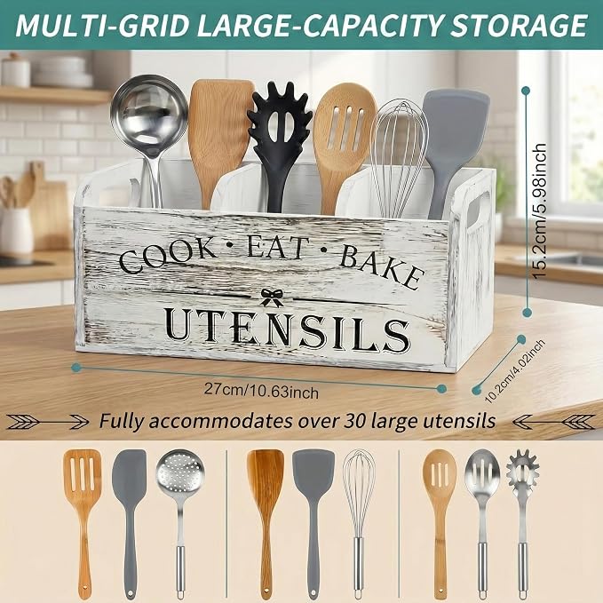 Rustic White Wooden Utensil Holder for Kitchen Counter Decor,Extra Large Kitchen Utensil Holder Silverware Caddy Farmhouse Wood Cutlery Holder Cooking Utensil Stand Storage kitchen Tools Holder - Image 2